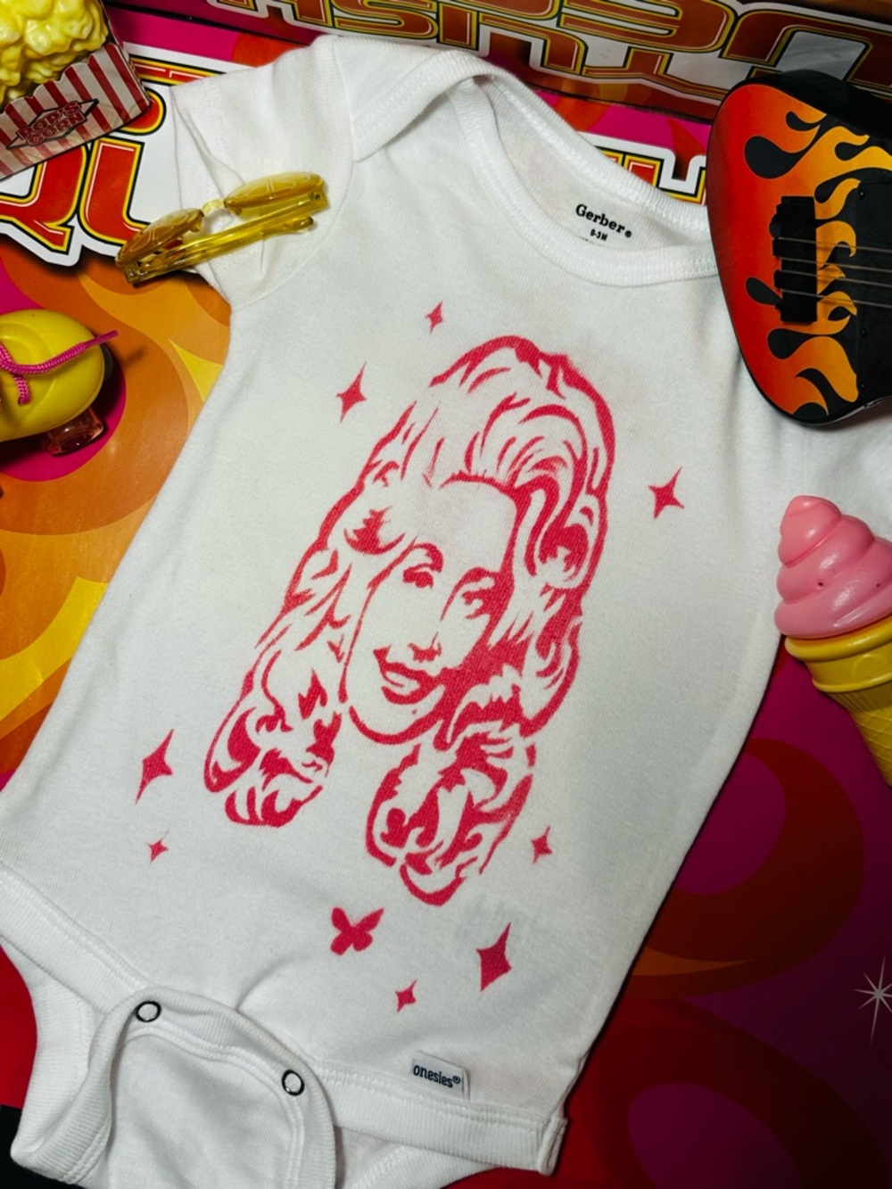 ⚡️Handmade Gerber White Onesie with Pink Portrait Graphic Dolly Parton 12M